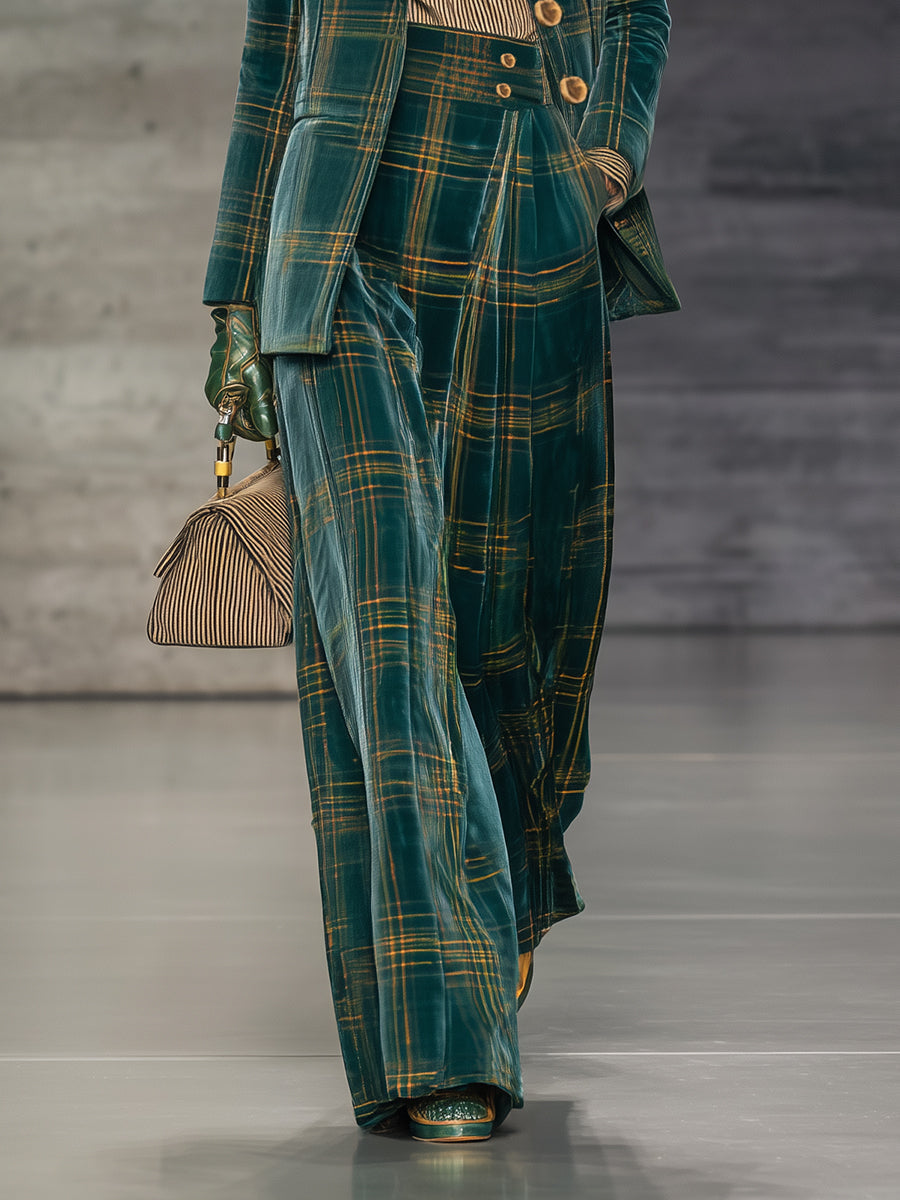 Blazer en Velours à Carreaux Verts Rétro avec Pantalon Large Taille Haute : Élégance et Style Assurés