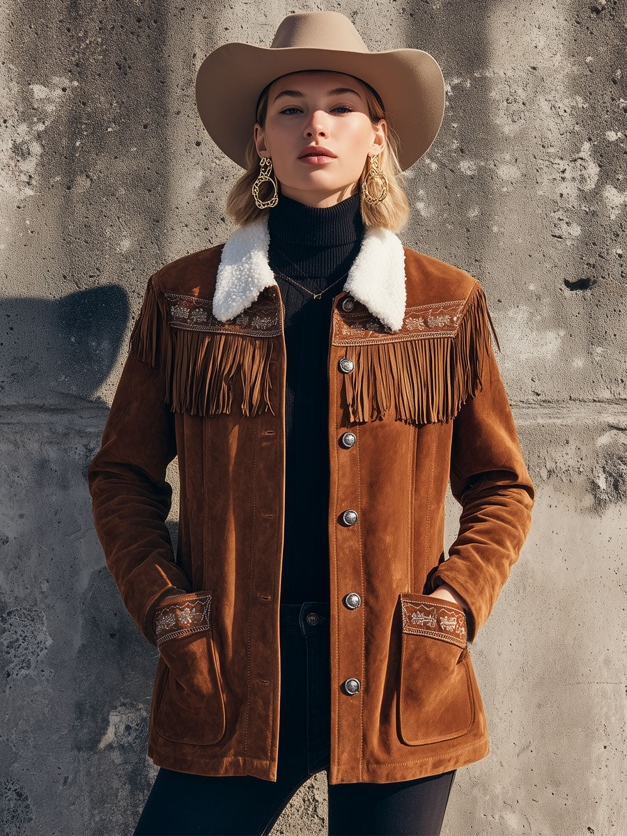Veste Western en Faux Suède Brodée avec Col Sherpa