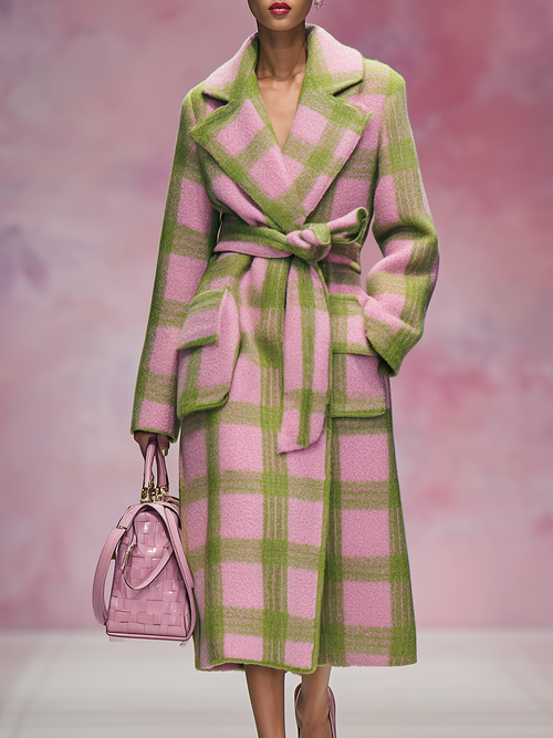 Chic et Élégant Manteau Long en Laine à Motif Carreaux