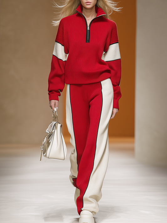 Ensemble Sportif Rétro : Haut et Pantalon Tricot à Couleurs Contrastées
