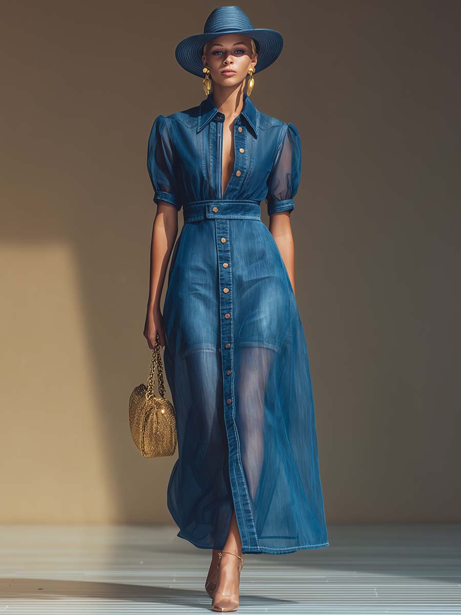 Robe Maxi en Denim Bleu avec Décolleté en V et Élégants Détails à Boutons, Manches Courtes en Organza