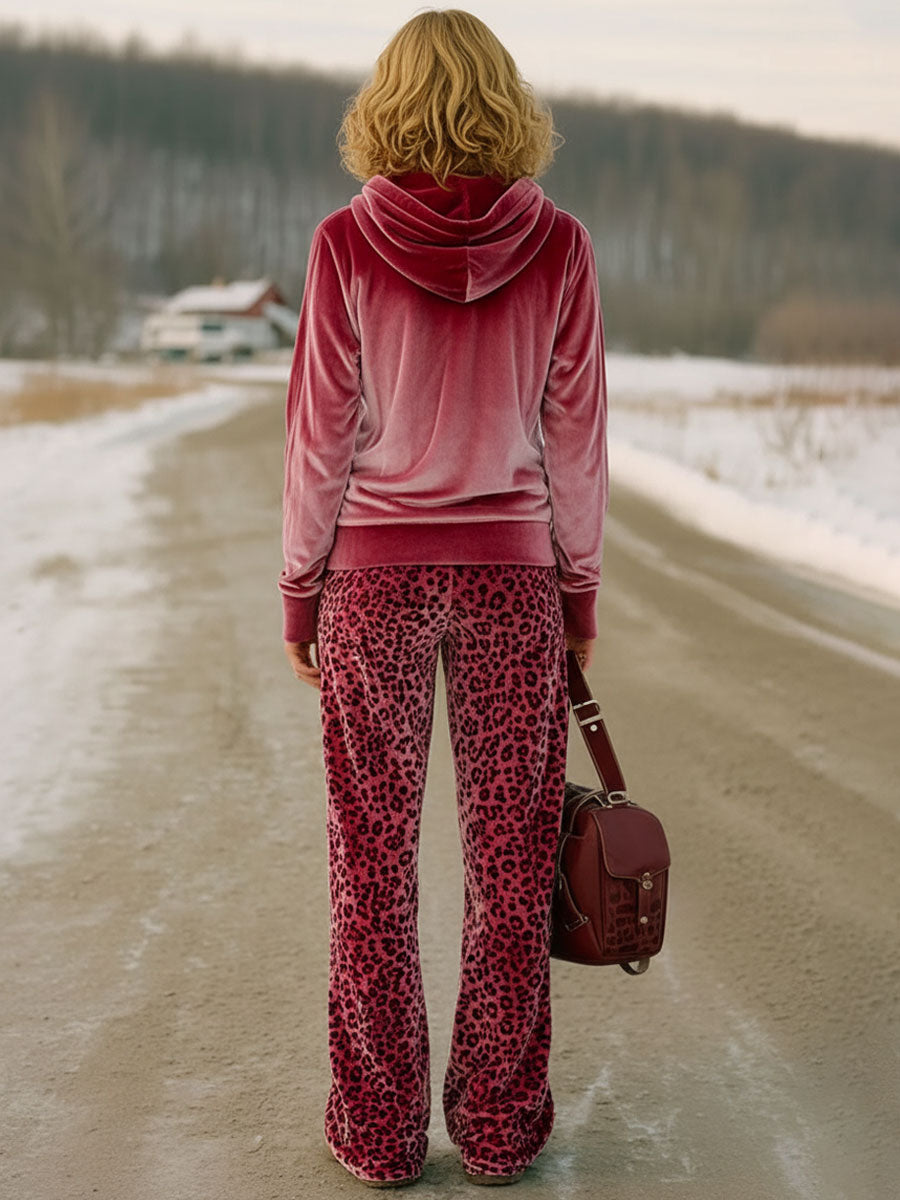Ensemble Chic en Velours Rose Dégradé avec Pantalon Imprimé Léopard