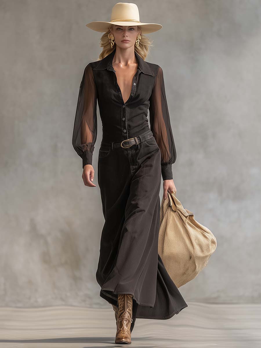 Robe Maxi en Denim Noir Transparent à Manches Longues et Col V avec Détails Vintage Western