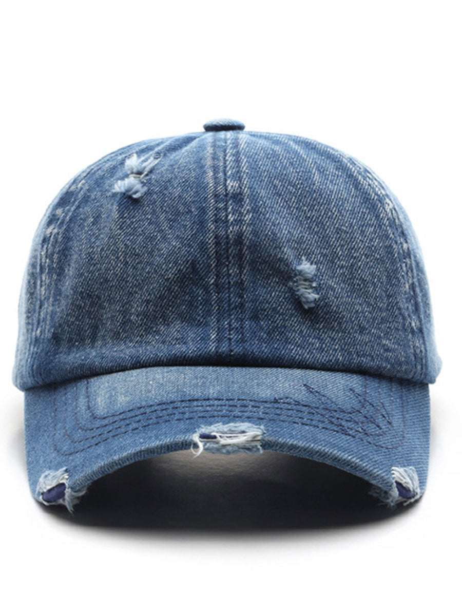 Casquette de Baseball Vintage en Denim Effet Usé et Déchiré
