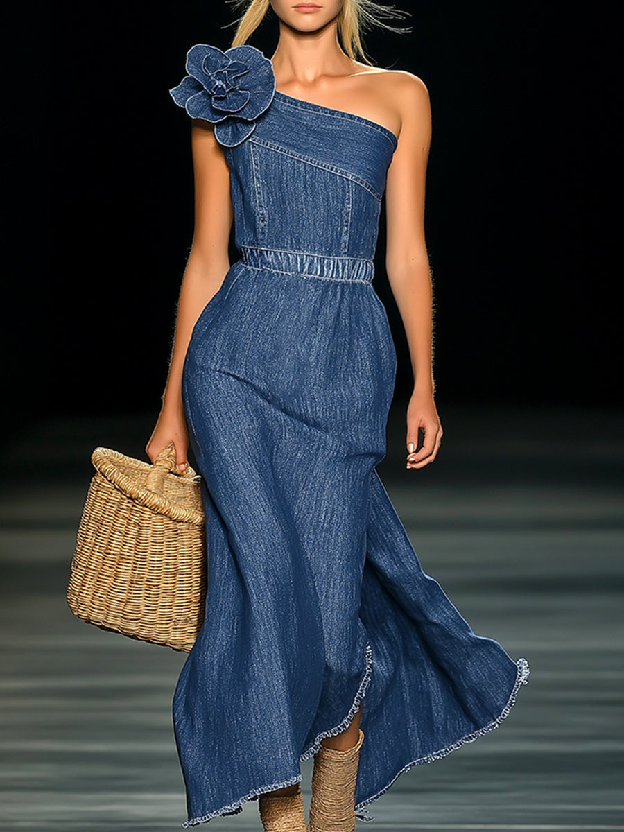 Robe Maxi en Denim 3D Floral Élégante - Livraison en 24 Heures !