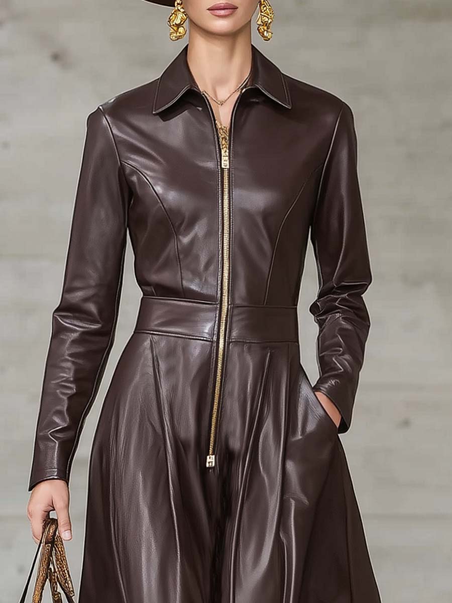 Robe Maxi en Cuir Marron Premium avec Fermeture Éclair Frontale et Manches Longues