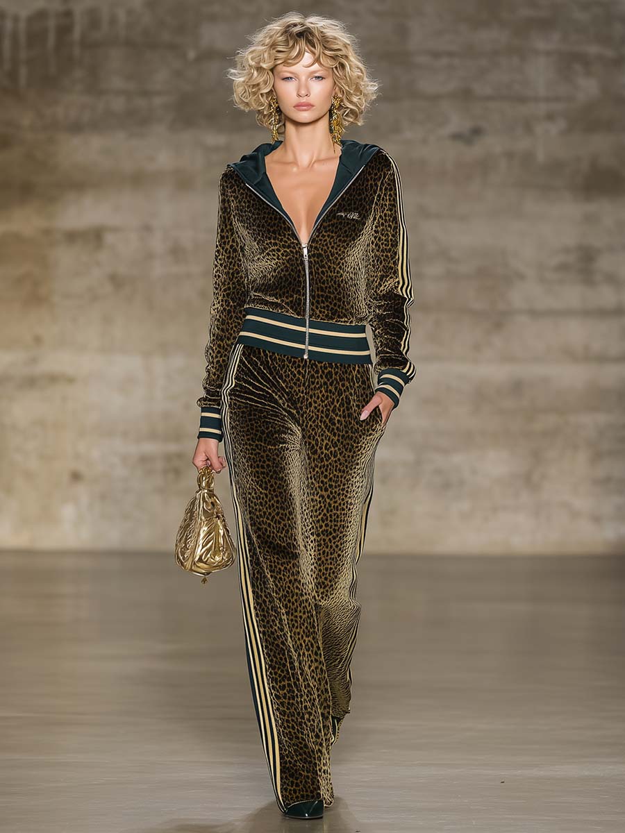 Ensemble Vintage Chic : Sweat à Capuche et Pantalon en Velours Imprimé Léopard Vert