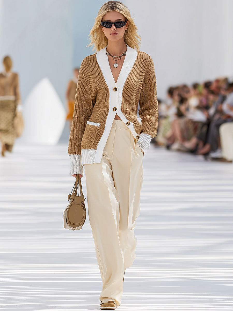 Chic Gilet Tricoté Bicolore Brun et Blanc