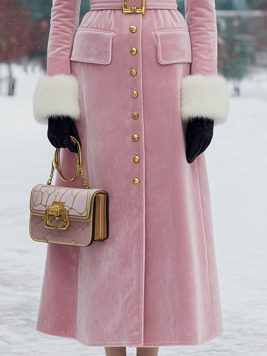 Veste en Velours Rose avec Col et Manches en Fourrure Boutonnées