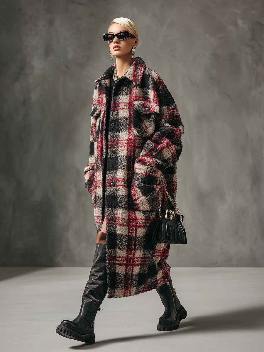 Chic et Élargi : Manteau Long à Motif Carreaux
