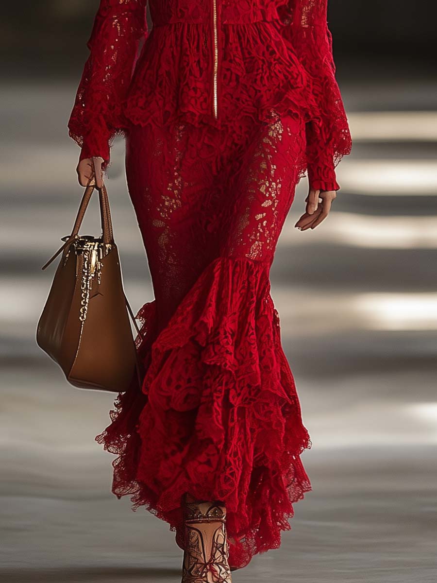 Robe Maxi Rouge en Dentelle avec Manches Longues, Zip, Col V et Détails Volants