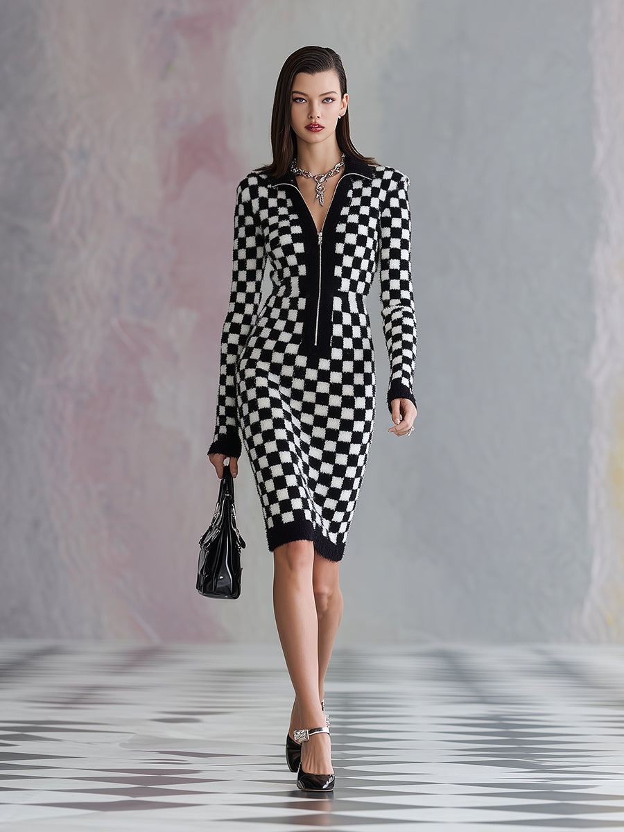 Chic Midi Robe Zippée en Mohair à Carreaux Noir et Blanc