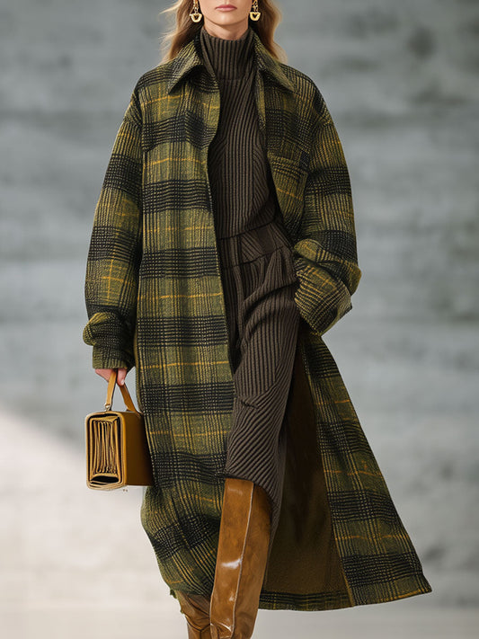 Veste Longue Rétro à Carreaux Jaune et Vert - Style Ample en Laine