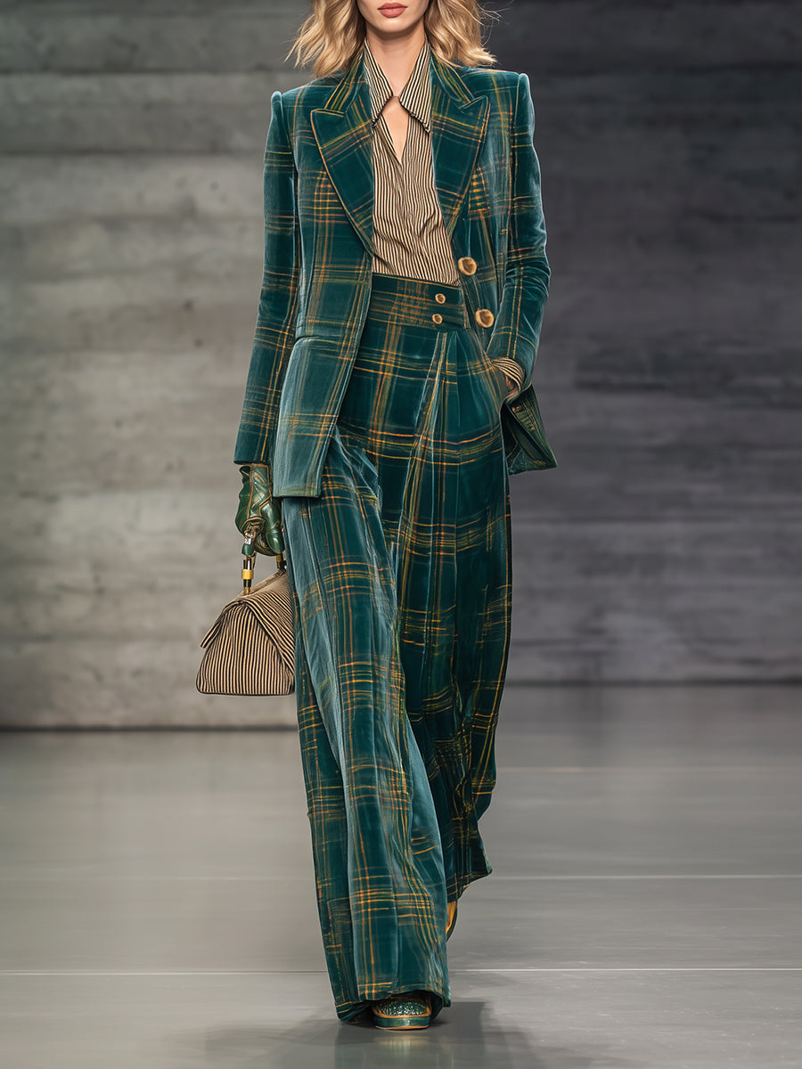 Blazer en Velours à Carreaux Verts Rétro avec Pantalon Large Taille Haute : Élégance et Style Assurés
