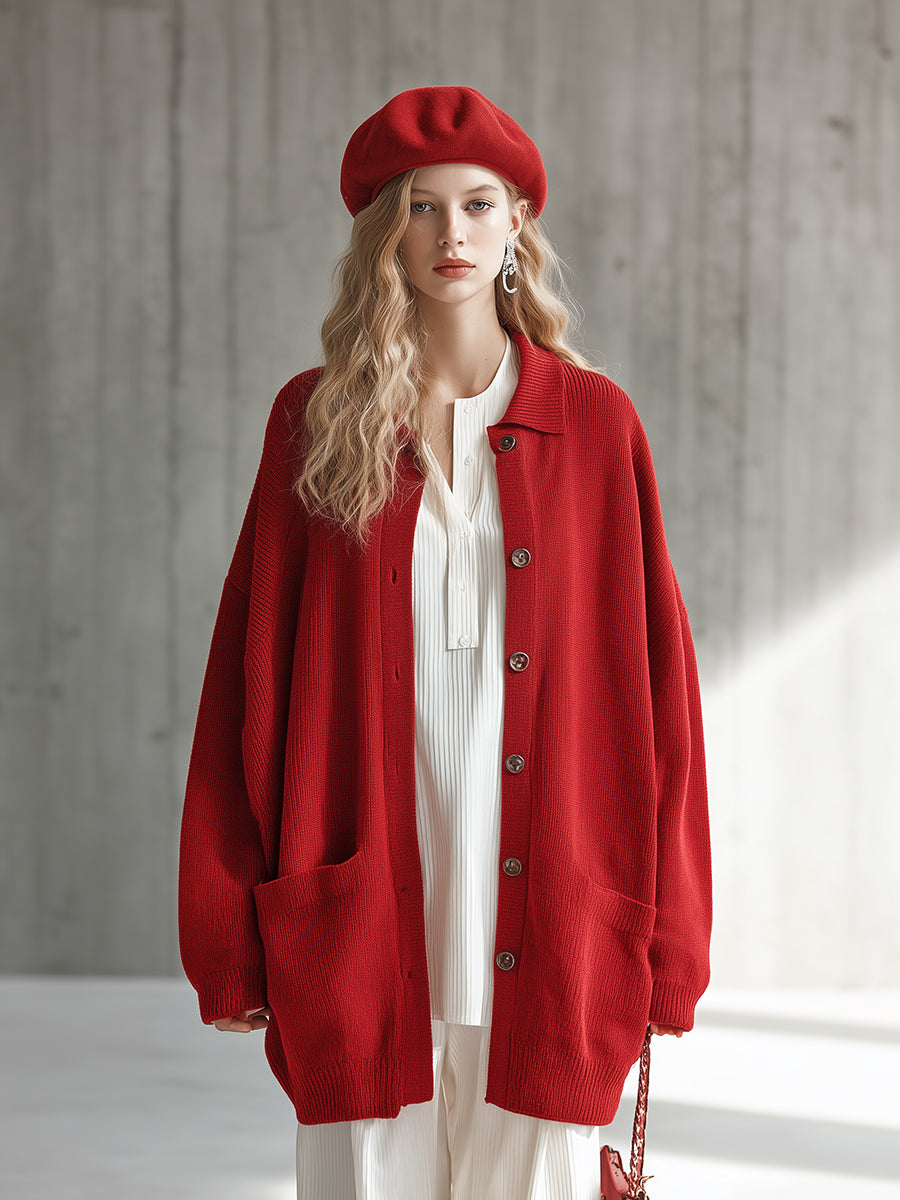 Chic Cardigan Rouge Tricoté avec Col Revers Élégant