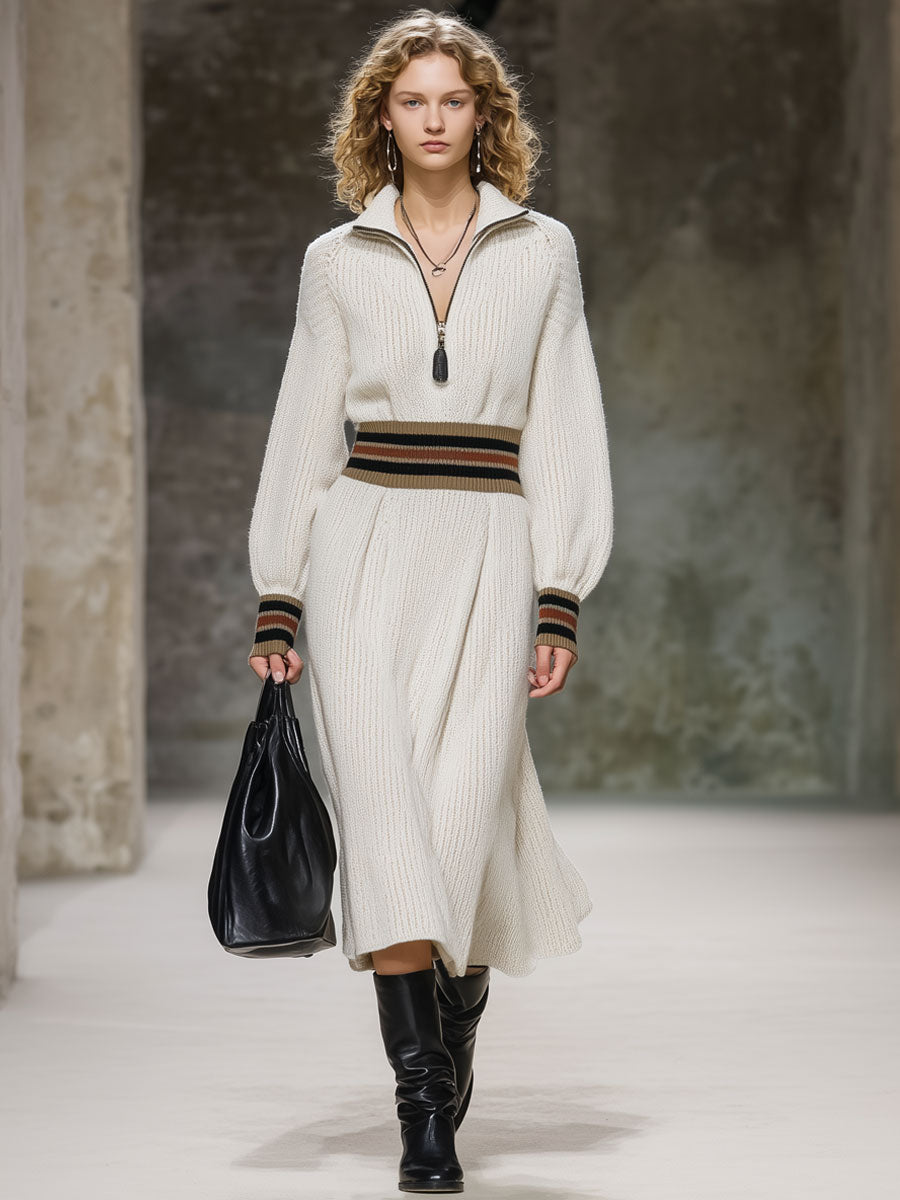 Robe Midi Rétro Striée en Tricot Blanc - Style Décontracté