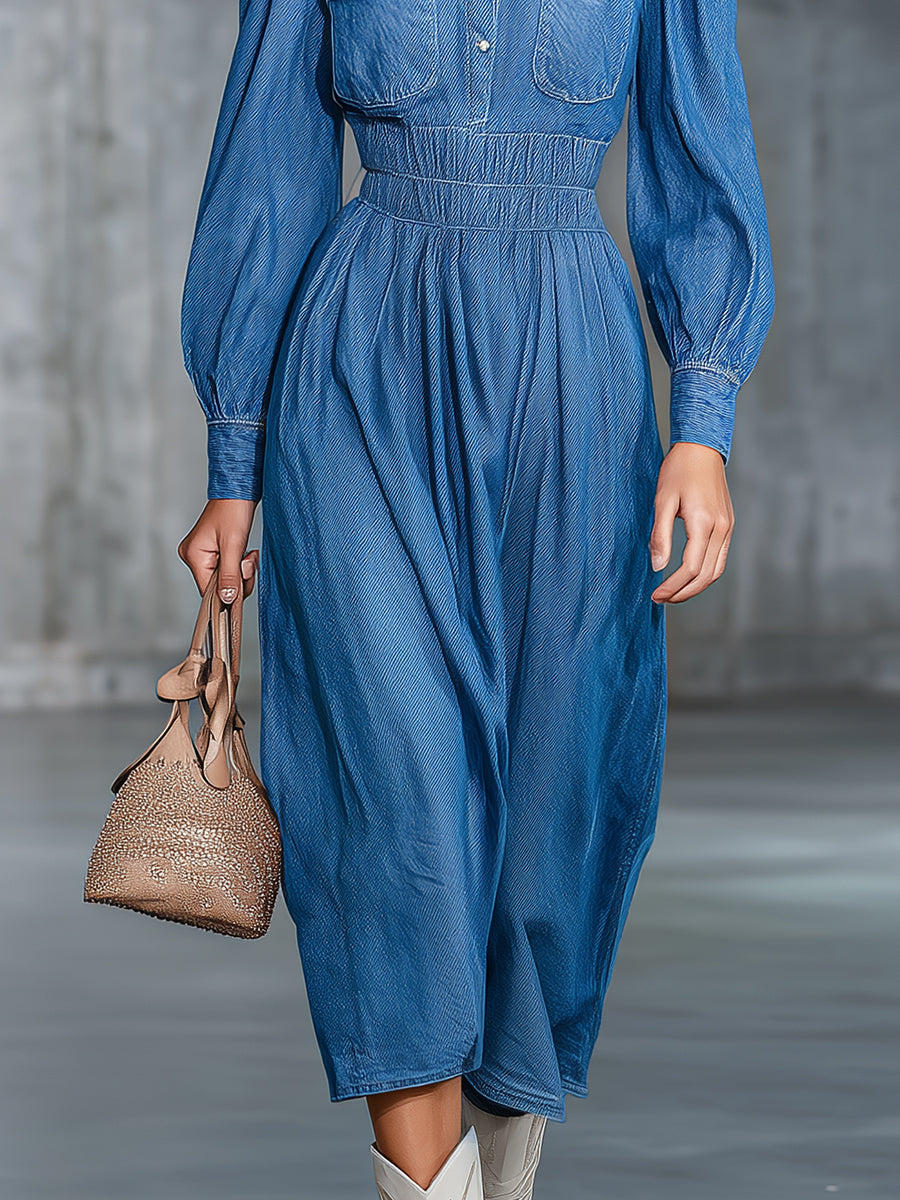Robe Midi en Denim avec Col Rond Élastique et Manches Amples" could be rewritten as:
"Robe Midi en Denim : Élégance Décontractée avec Col Élastique et Manches Amples