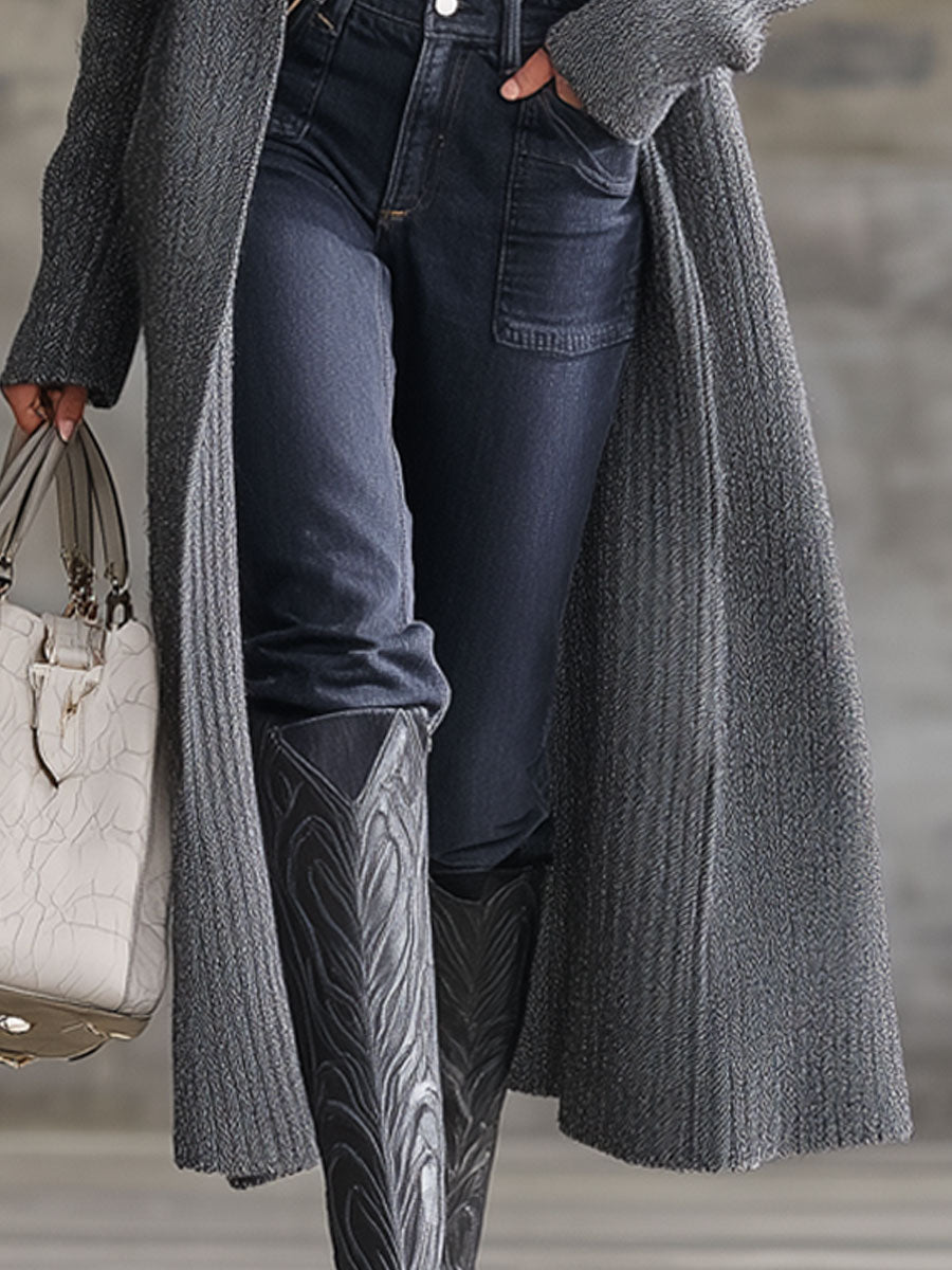 Cardigan Vintage à Capuche en Tricot Gris - Style Décontracté