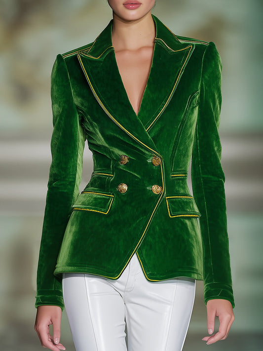 Veste en Velours Vert Éclatante avec Détails en Toile Dorée