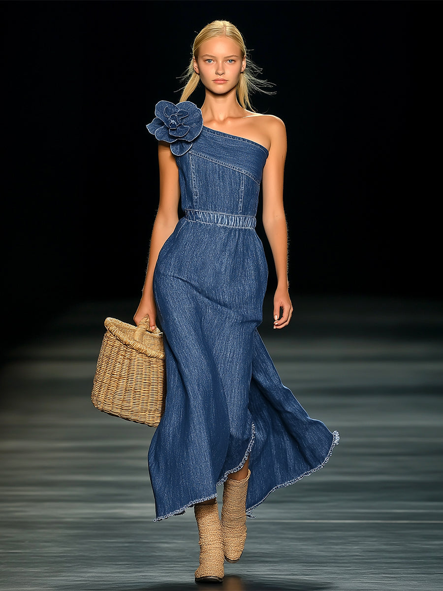 Robe Maxi en Denim 3D Floral Élégante - Livraison en 24 Heures !