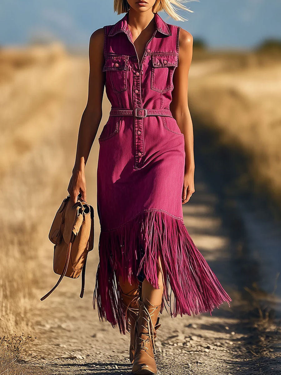 Robe Midi Décontractée en Denim Fuchsia Rétro avec Franges et Lacets - Expédition Rapide sous 24 Heures !