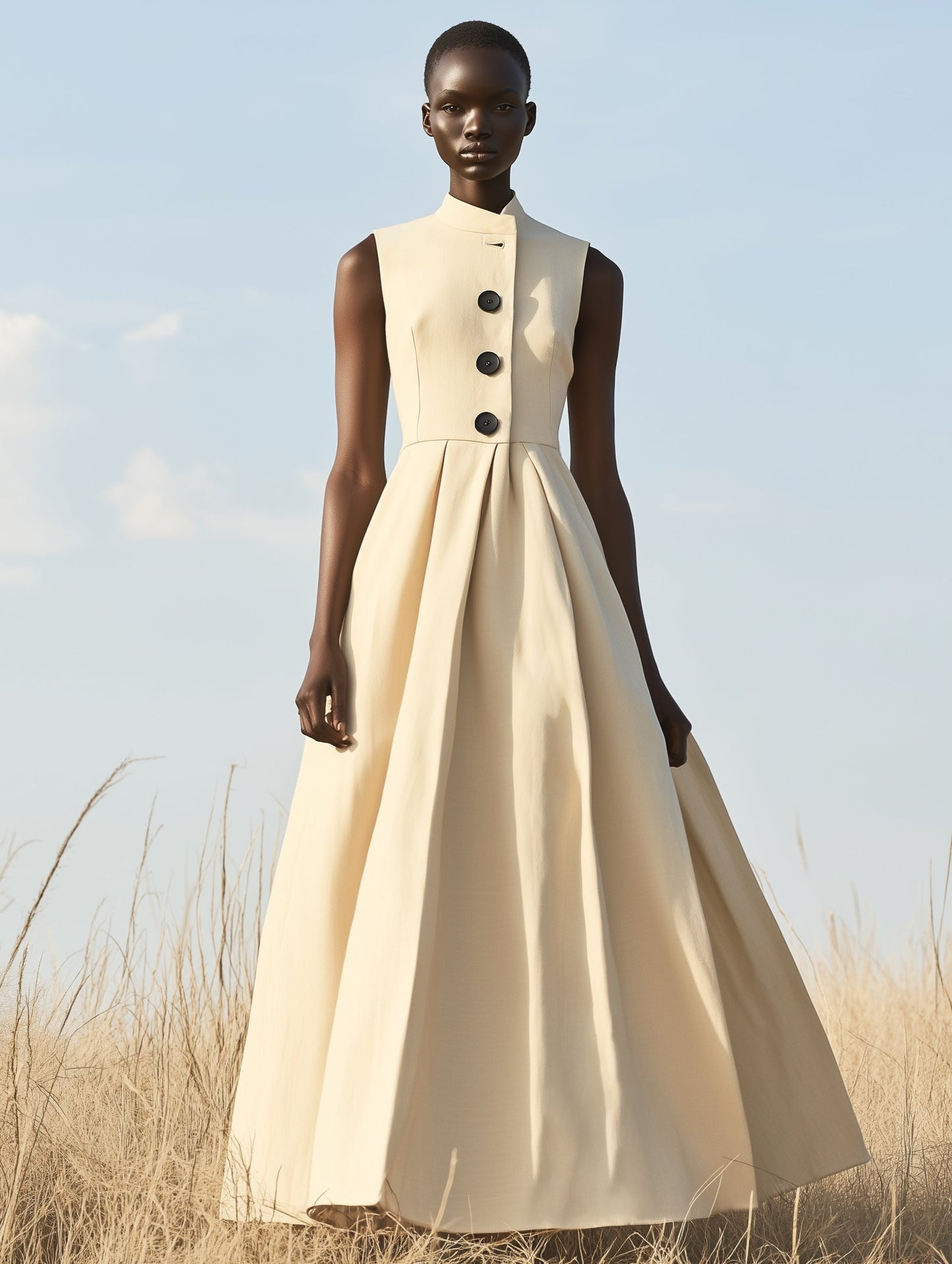 Robe Maxi Noire Élégante à Col Montant et Boutons - Expédition en 24 Heures