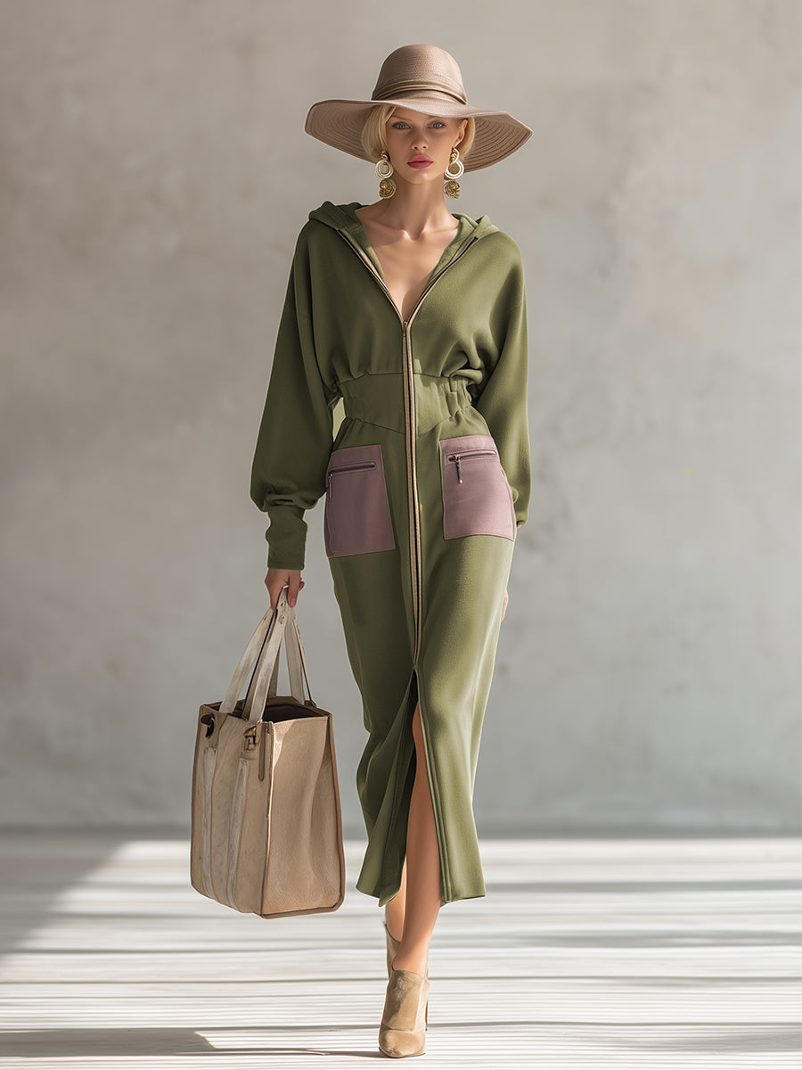 Robe Maxi Élégante à Manches Longues avec Capuche et Fermeture Éclair en Olive – Silhouette Affinée