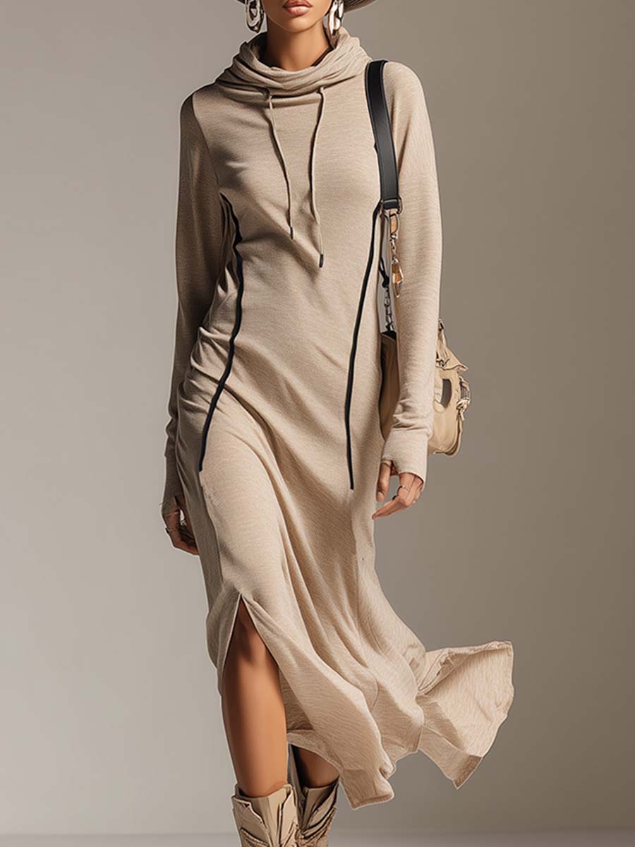 Robe Midi Décontractée en Coton Stretch Abricot avec Capuche