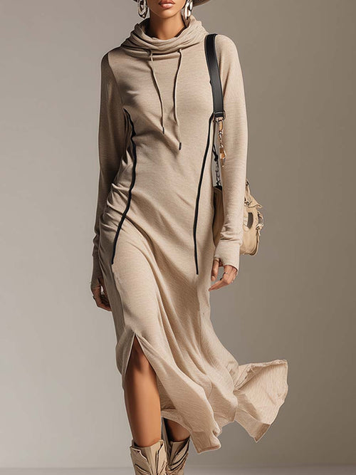 Robe Midi Décontractée en Coton Stretch Abricot avec Capuche