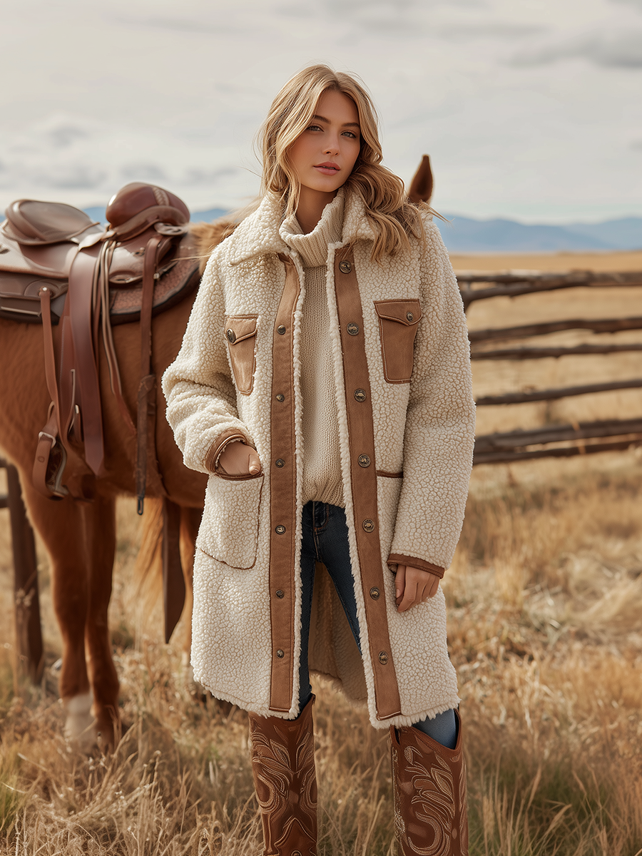 Veste Sherpa Vintage à Col Revers de Style Western