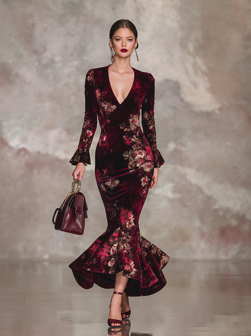 Robe Maxi en Velours Floral avec Décolleté en V et Manches Longues à Volants