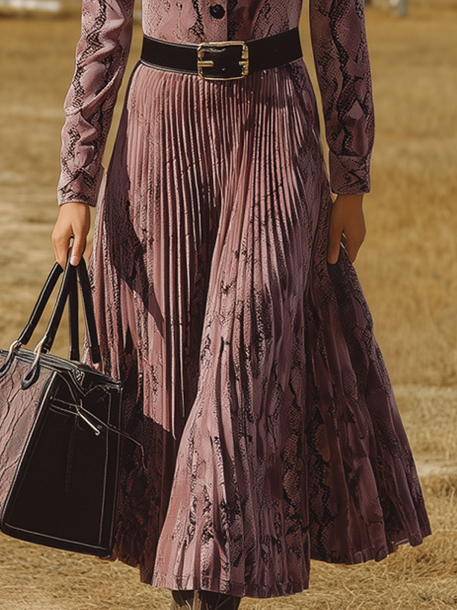 Robe Midi Plissée en Velours Violet à Imprimé Serpent - Style Rétro Nomade