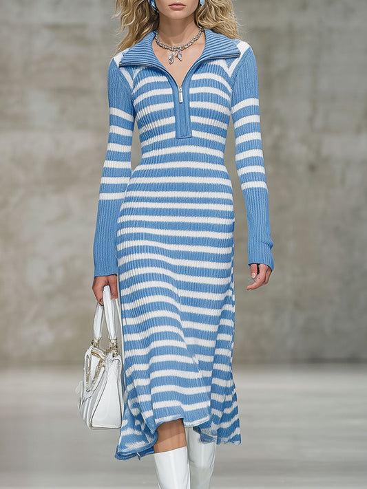 Robe Midi Rétro à Rayures Bleu et Blanc avec Demi-Zip