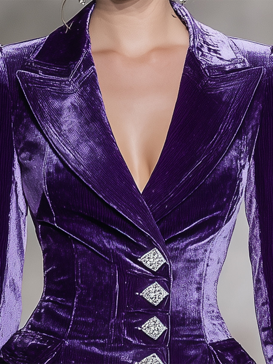Élégant Blazer en Velours Violet Orné de Boutons Diamant