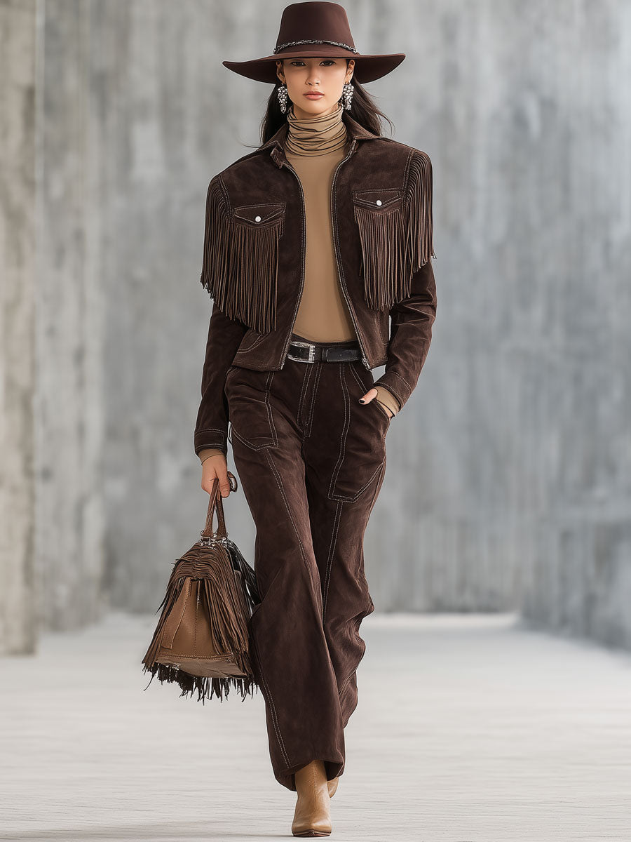 Ensemble Vintage Western en Suédine Cocoa Brun : Veste à Franges et Pantalon Droit