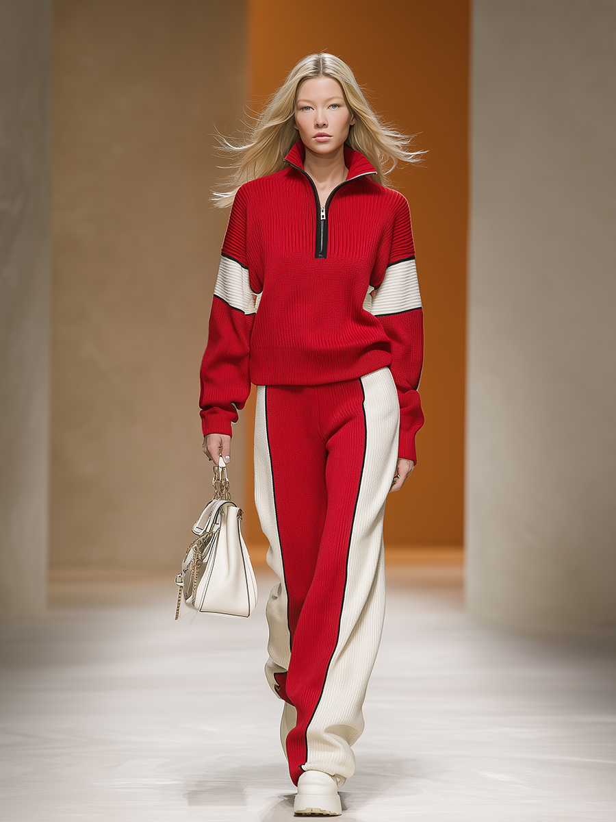 Ensemble Sportif Rétro : Haut et Pantalon Tricot à Couleurs Contrastées