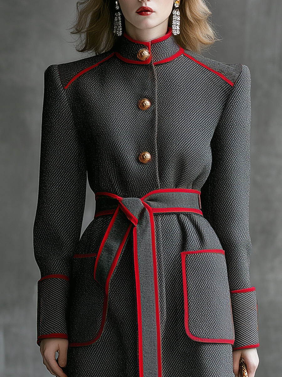 Veste en Laine Twill Gris Élégante avec Col Montant et Détails Rouges