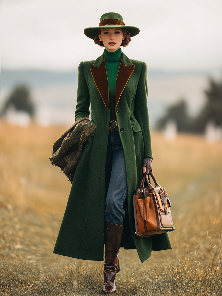 Chic Manteau Long en Laine avec Revers Contrasté - Style Rétro Élégant