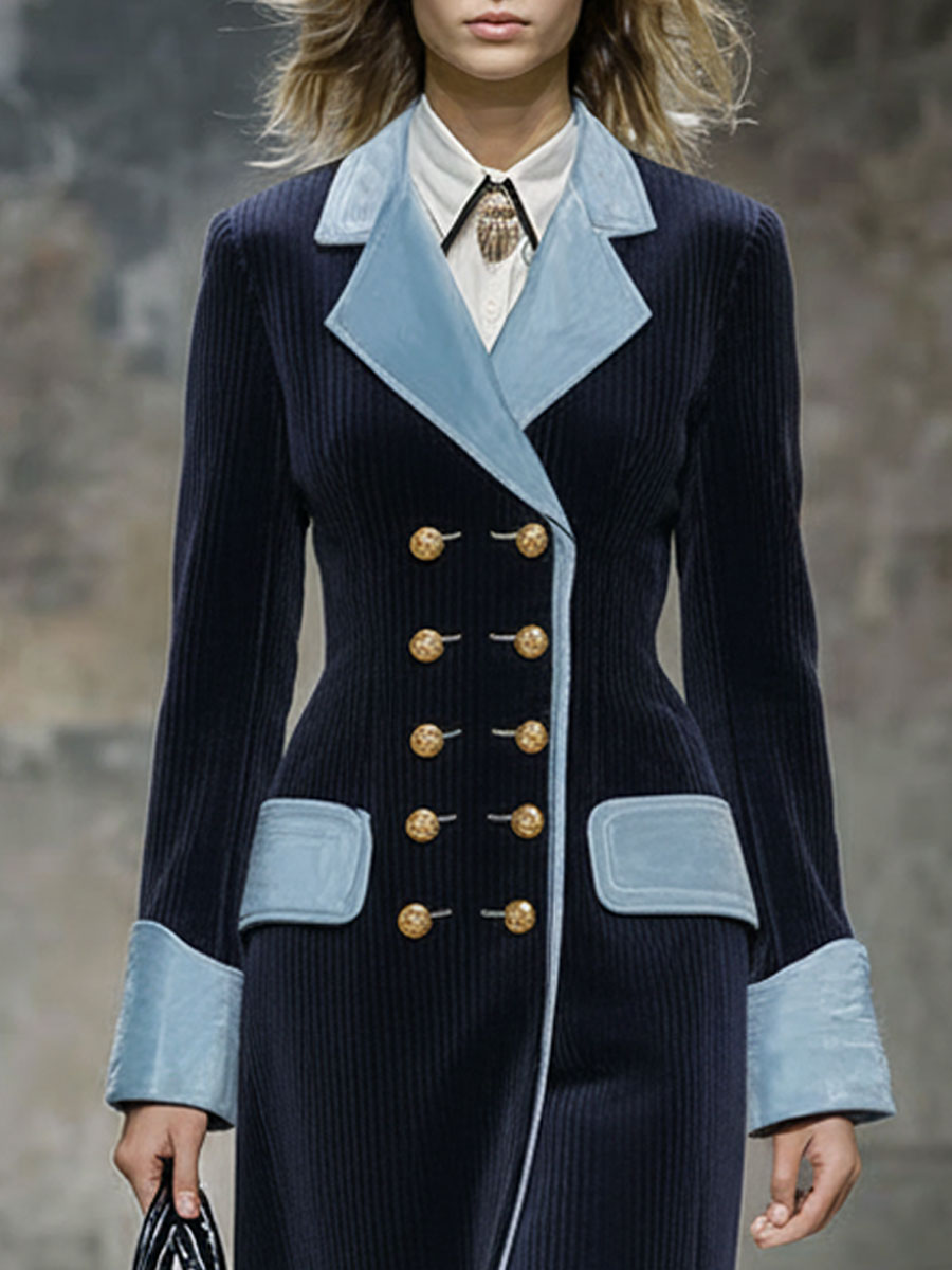 Veste Longue en Velours Bleu Rétro avec Finitions en Velours Marine