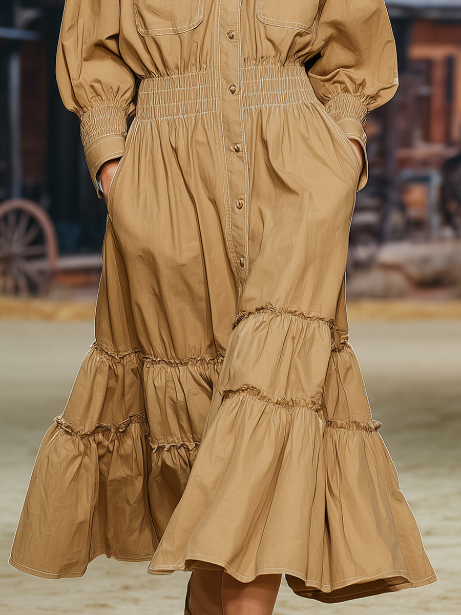 Robe Midi Kaki à Manches Longues avec Volants au Style Rétro