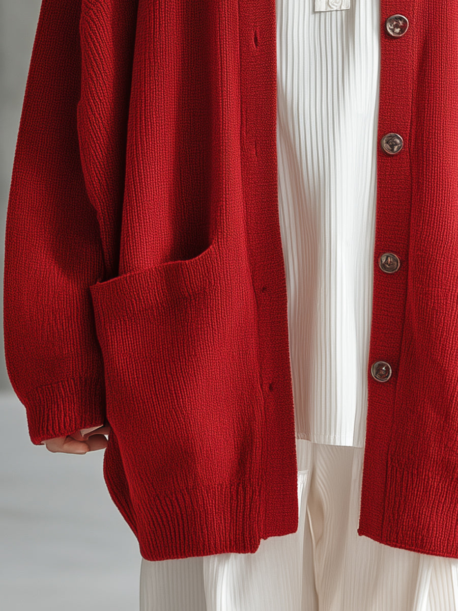 Chic Cardigan Rouge Tricoté avec Col Revers Élégant