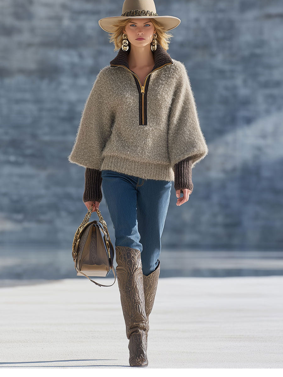 Vintage Kaki Mohair Zip-Up Sweater