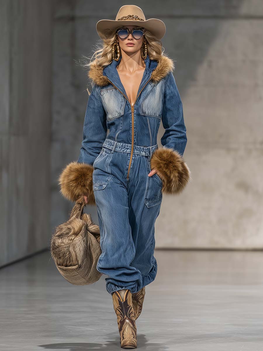 Salopette en Jean Bleu Vintage Wild West avec Capuche et Manches en Éco-Fourrure
