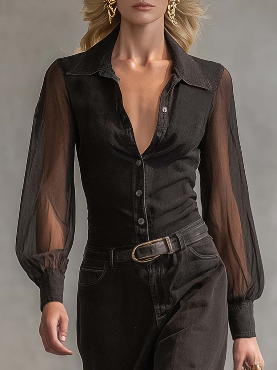 Robe Maxi en Denim Noir Transparent à Manches Longues et Col V avec Détails Vintage Western