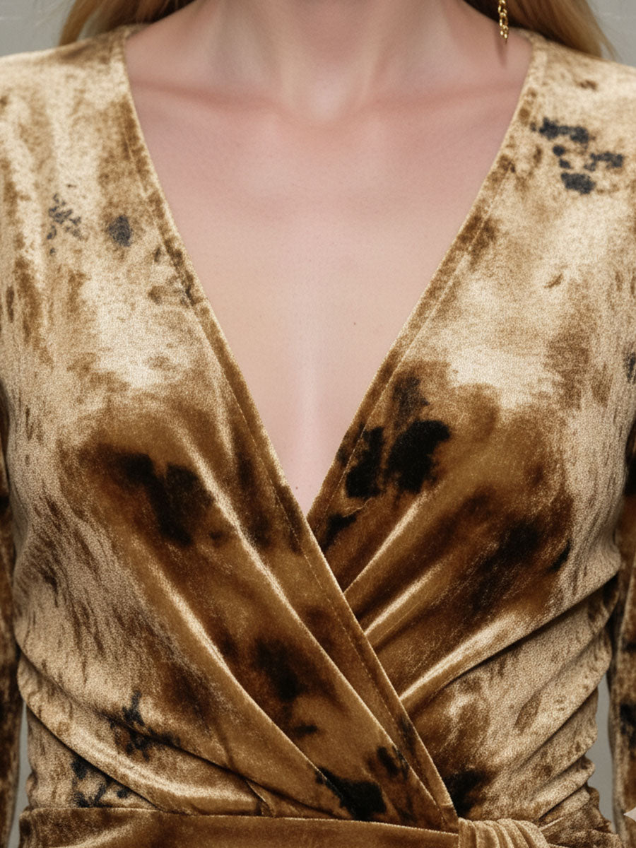 Robe Midi Vintage en Velours Imprimé Caramel : Élégance et Charme Retro