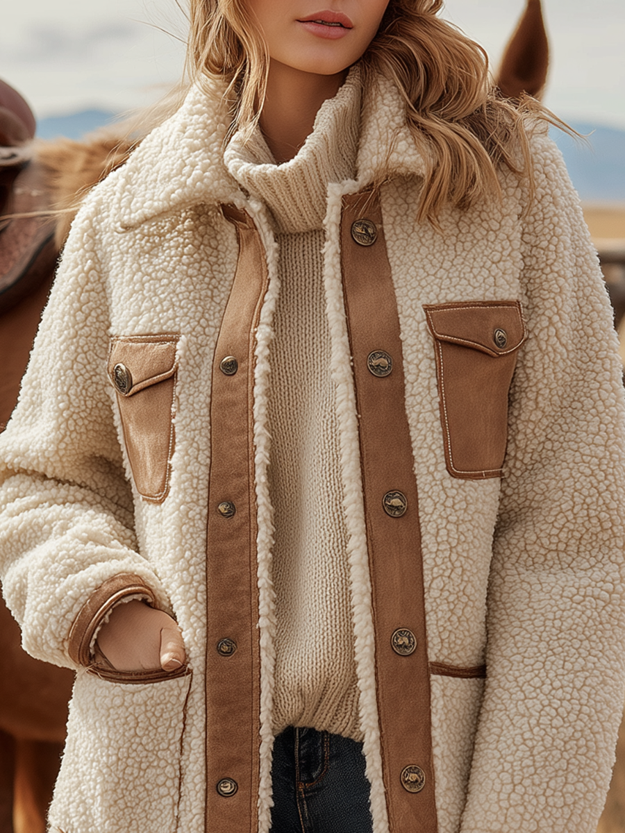 Veste Sherpa Vintage à Col Revers de Style Western