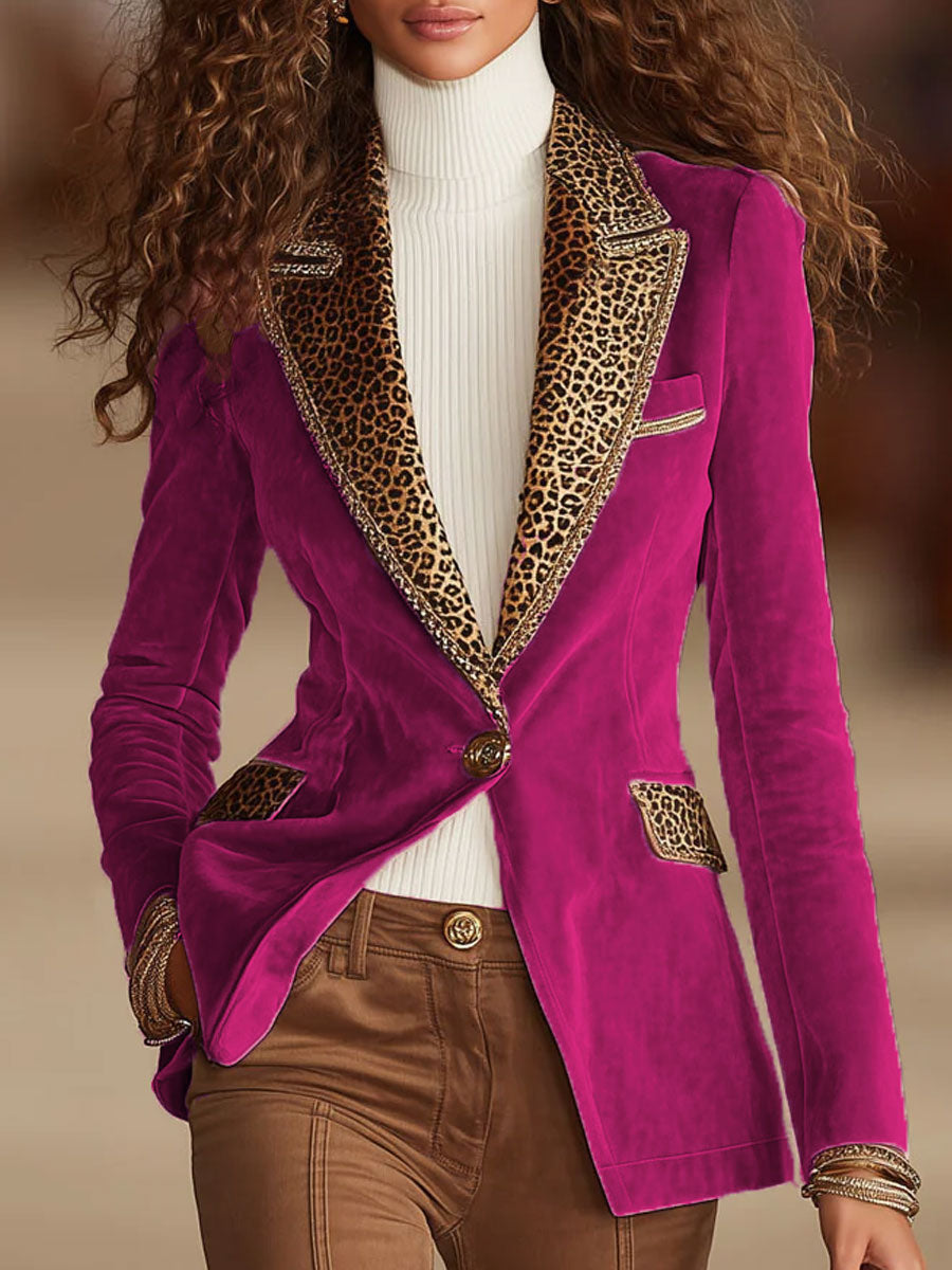 Veste en Velours Rose avec Broderie Élégante et Détails Imprimés Léopard