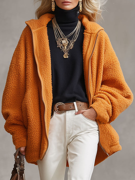 Veste Polaire Zippée à Capuche en Orange Éclatant