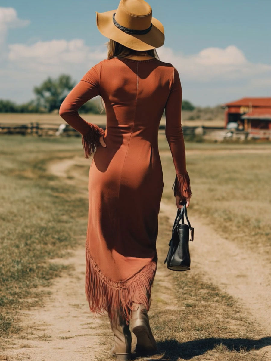 Robe Maxi Vintage en Coton Rouge Brique à Manches Longues et Franges