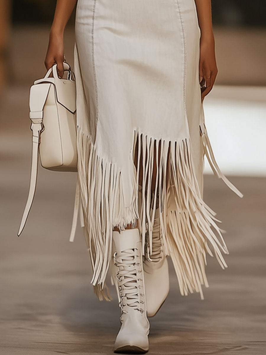 Robe Midi Sans Manches en Denim Blanc avec Broderie Marron Vintage - Expédition Rapide en 24 Heures